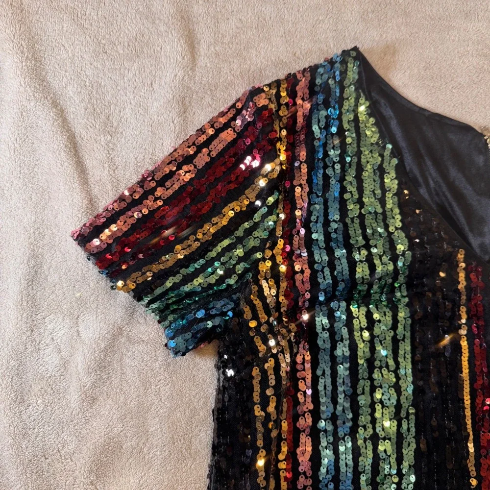 Chic Disco Rainbow Glam Sequin Mini Dress Party NYE Cocktail Stripe Retro Sz L